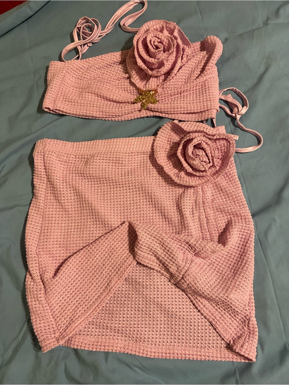 Pink Crochet Two-Piece Set with Rose Appliqués